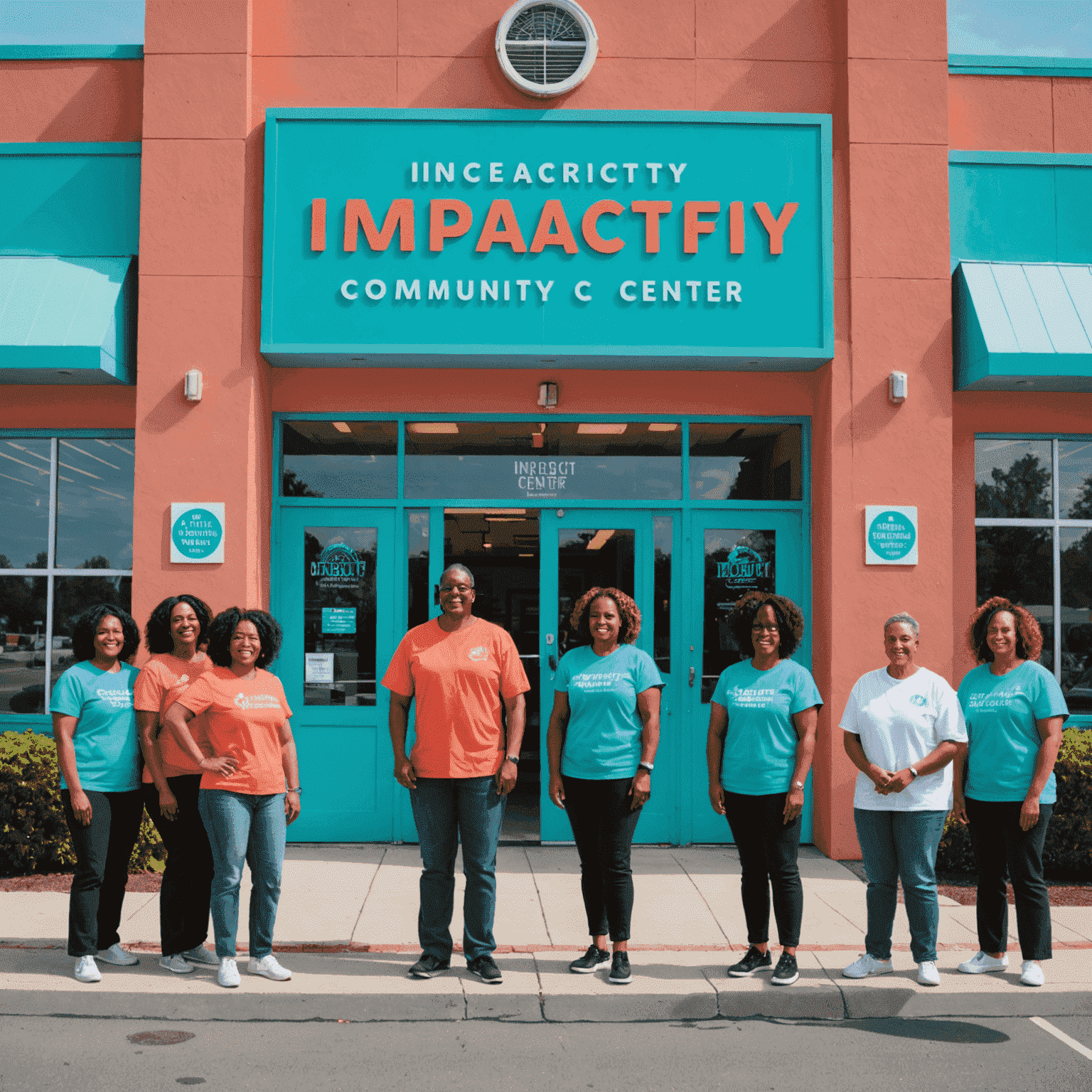A vibrant community center building with a diverse group of people standing outside, smiling and celebrating. The building has a fresh coat of paint in coral and turquoise colors, with a new sign reading 'Impactify Community Center'