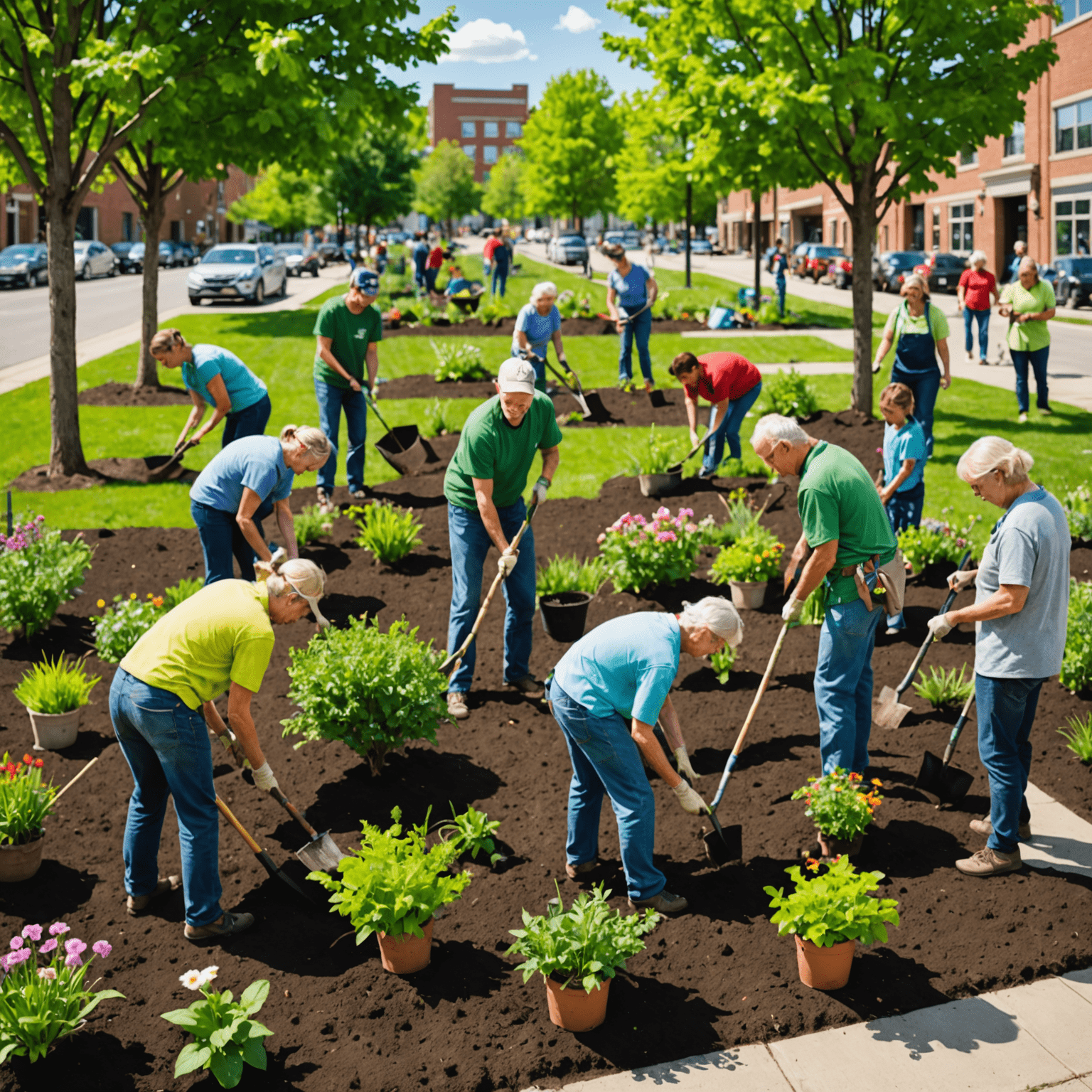 A group of diverse volunteers planting trees and flowers in a previously barren urban lot, transforming it into a vibrant green space. The image shows people of all ages working together, surrounded by gardening tools and newly planted vegetation.