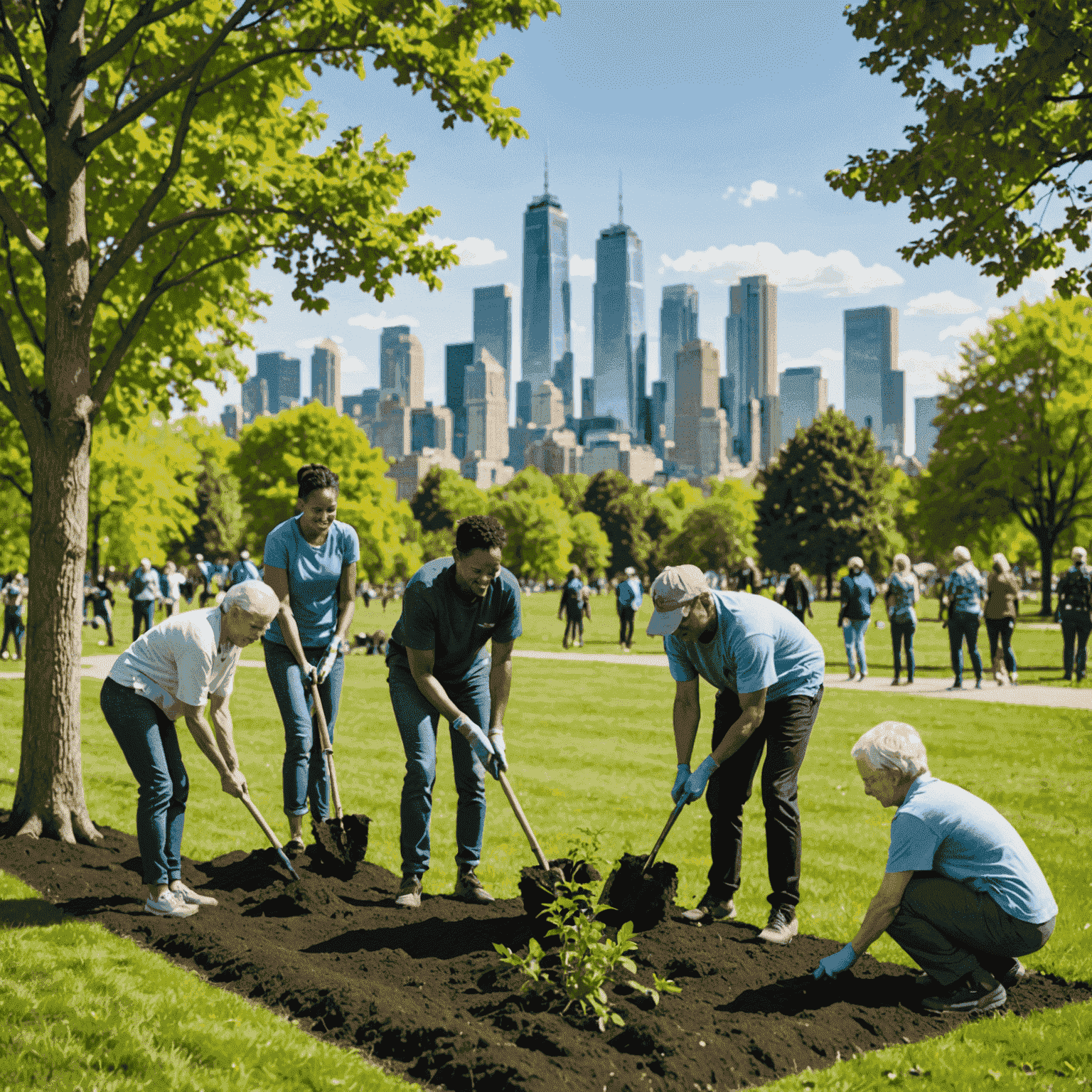 A group of diverse community members planting trees in a local park, with the city skyline visible in the background. The image showcases people of all ages working together, symbolizing community engagement in environmental initiatives.