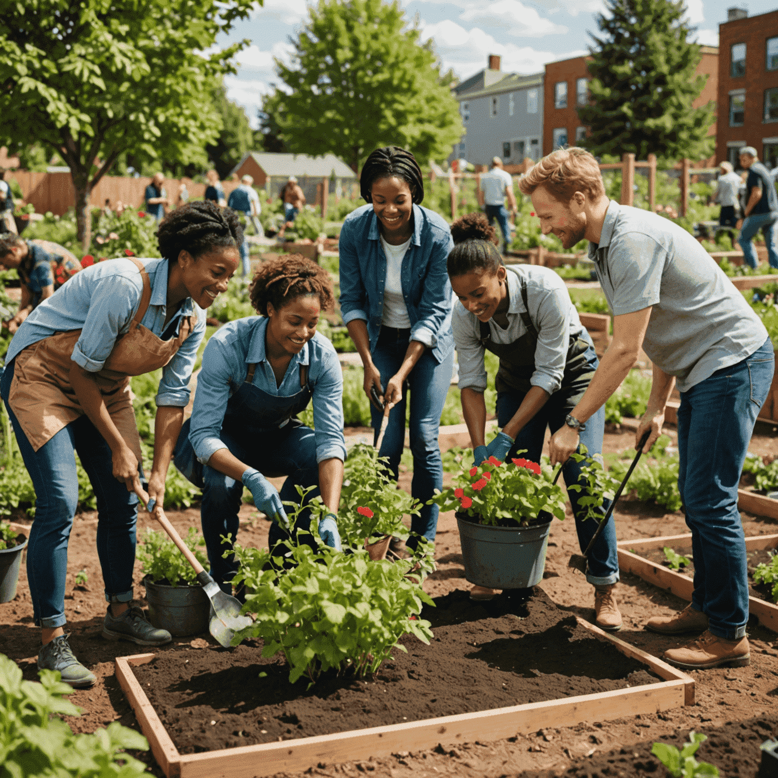 Diverse group of people working together on a community garden project, planting trees and flowers in an urban setting