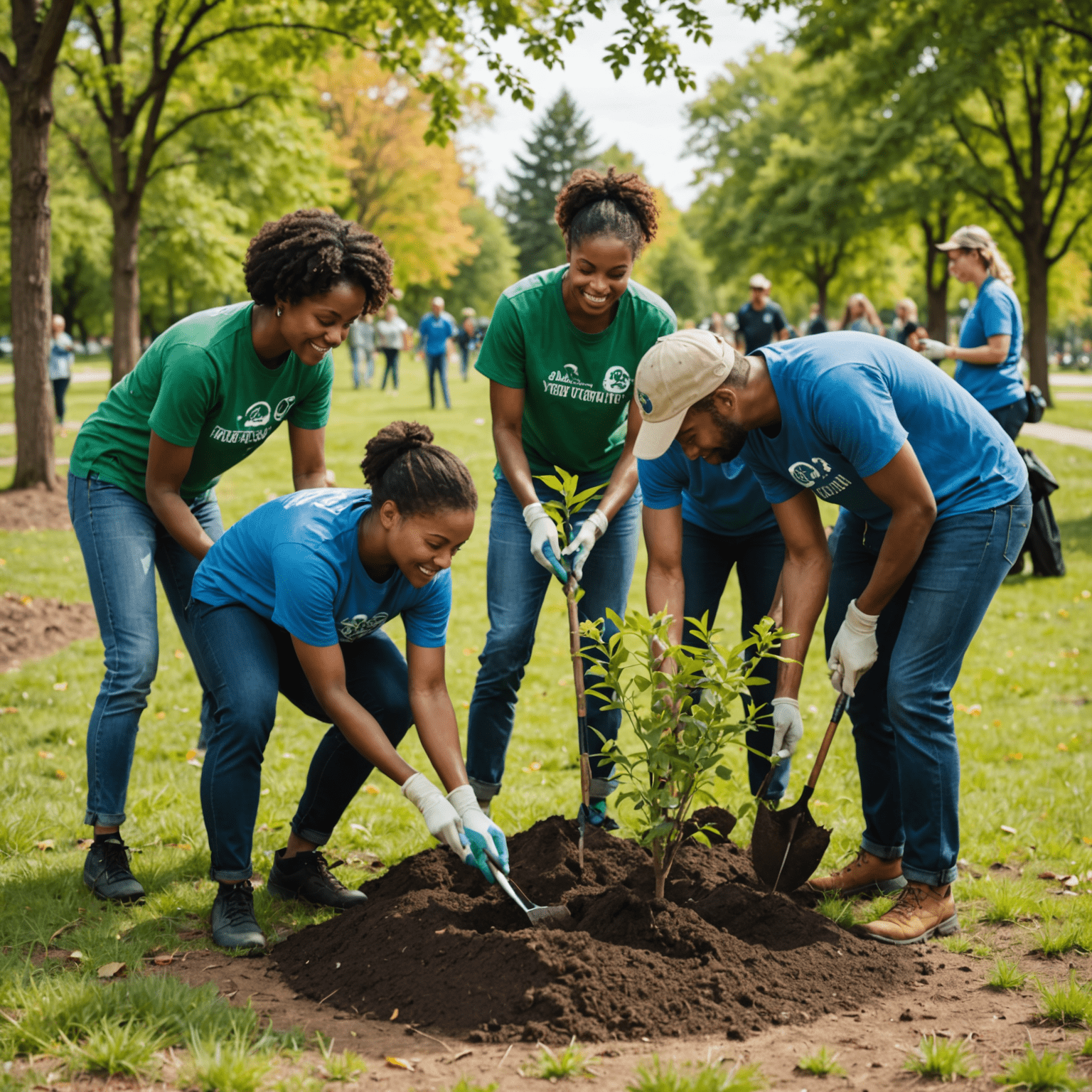 A group of diverse volunteers planting trees in a local park, showcasing community engagement and environmental stewardship