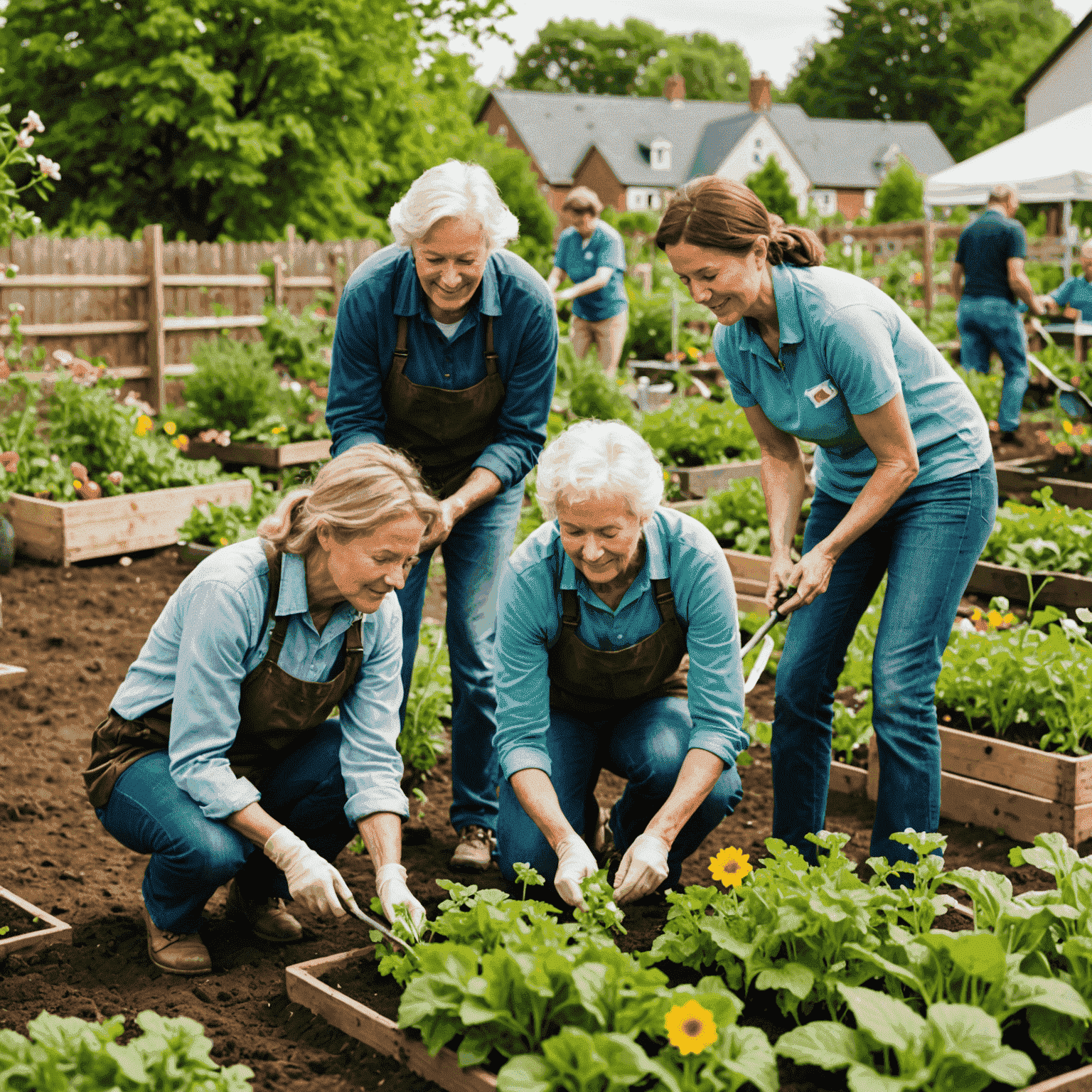 Volunteers working together in a community garden, planting vegetables and flowers