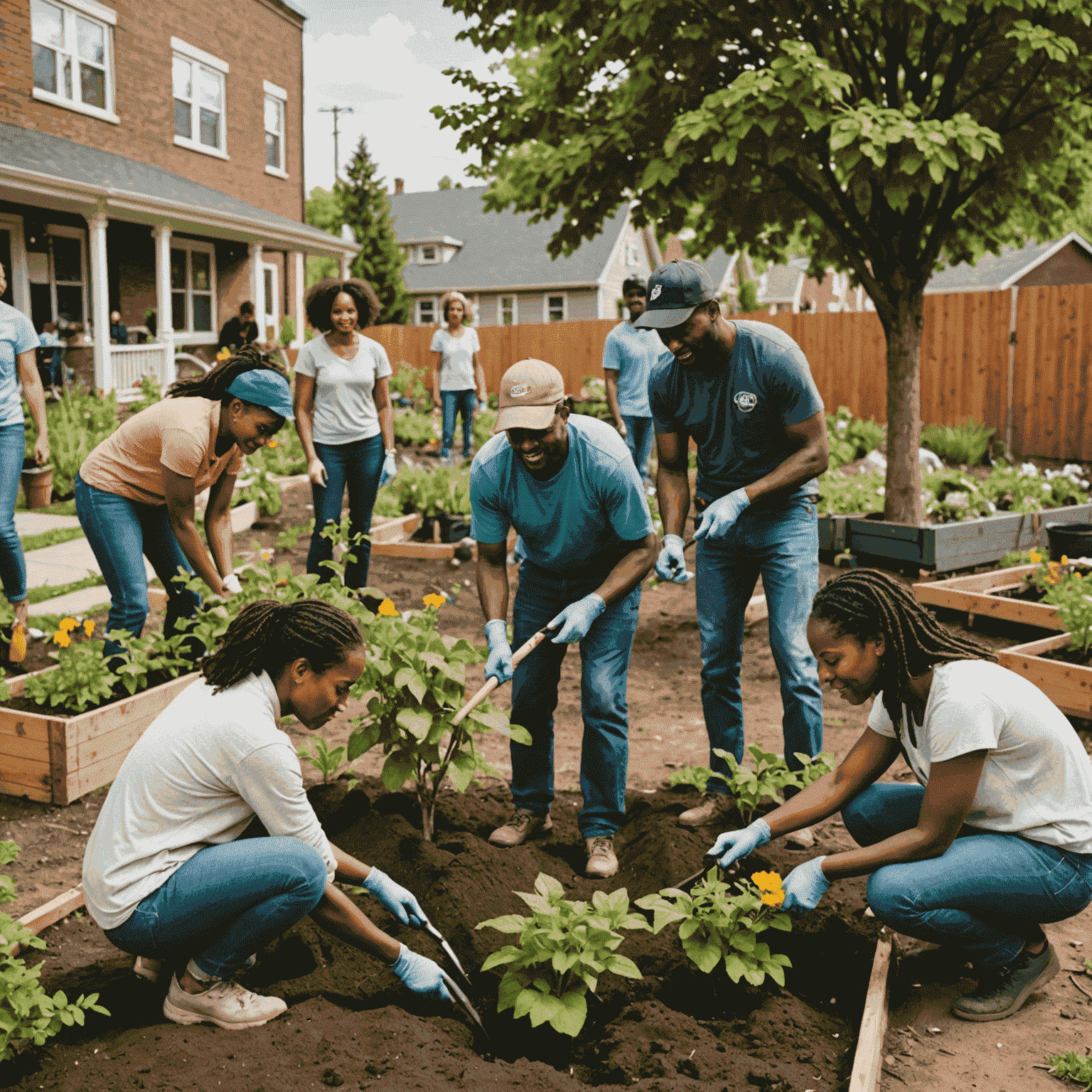 A group of diverse community members working together on a local garden project, planting trees and flowers in a previously neglected urban space