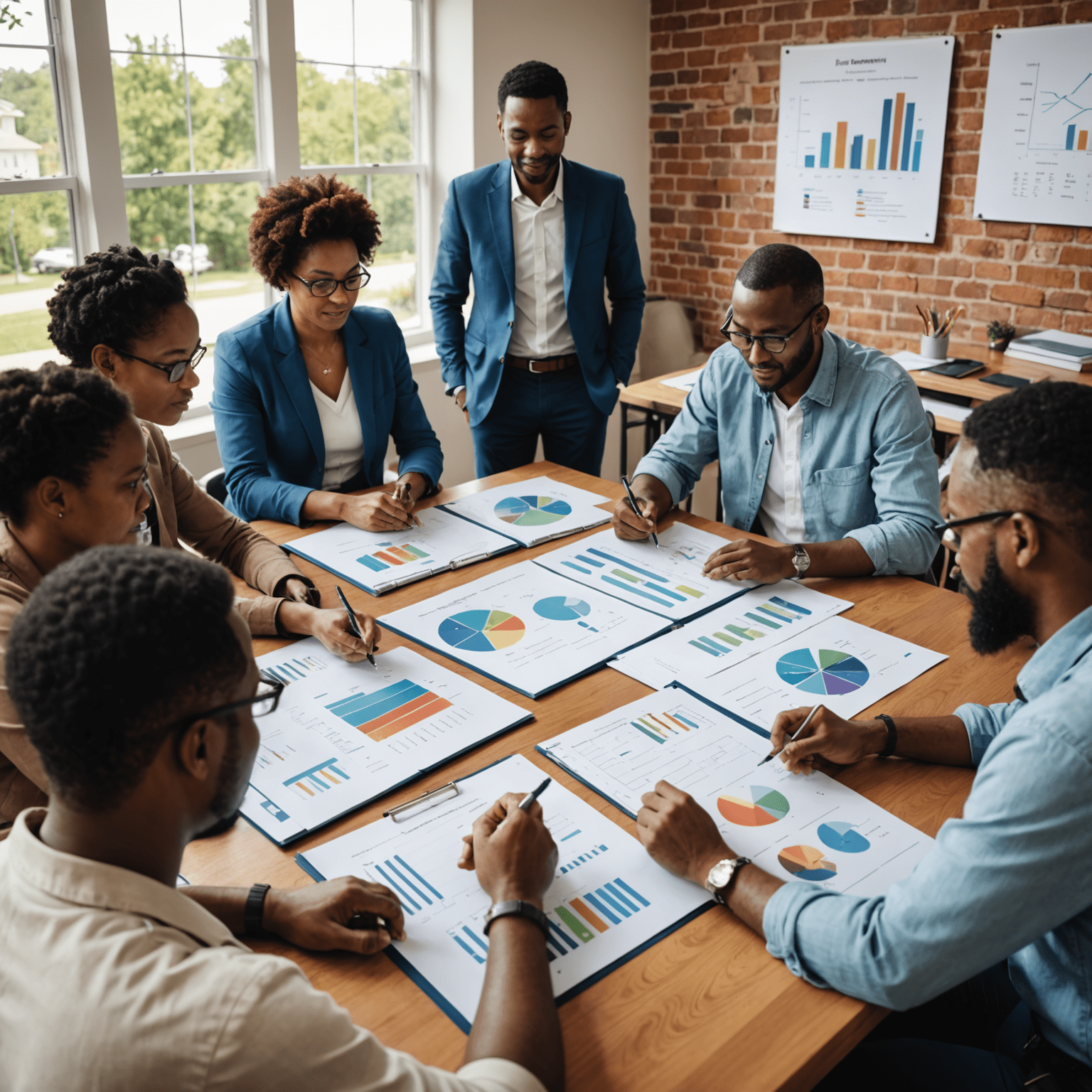 A diverse group of community members collaborating on a local impact project, with charts and graphs in the background representing impact assessment data
