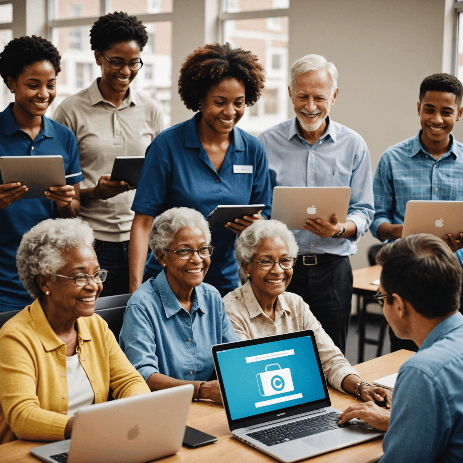 A classroom setting where young tech professionals are teaching computer skills to a diverse group of seniors and underprivileged youth. The image shows laptops, tablets, and smiling faces as knowledge is shared across generations.