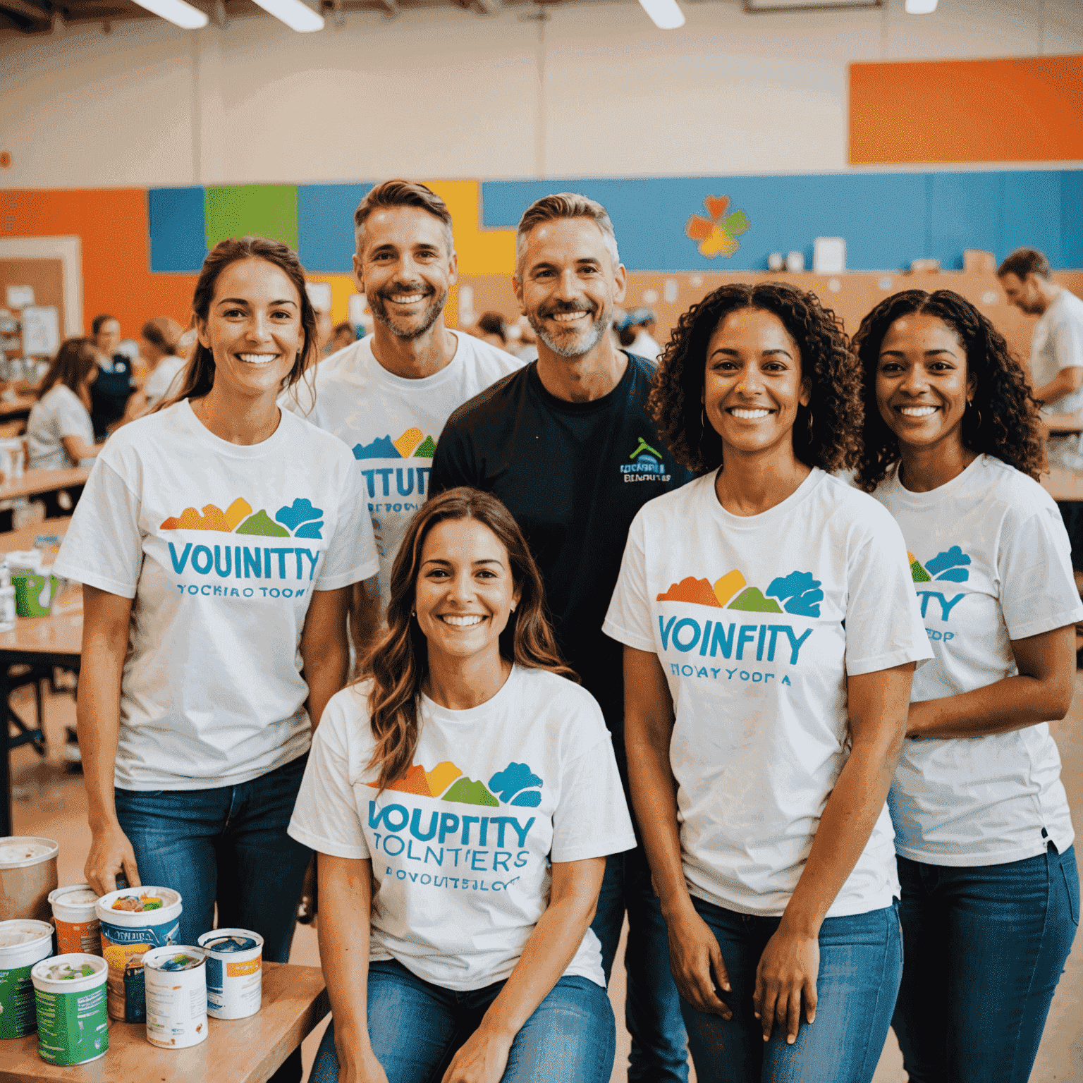 Smiling volunteers wearing Impactify t-shirts, engaged in various activities like painting a community center and organizing a food drive