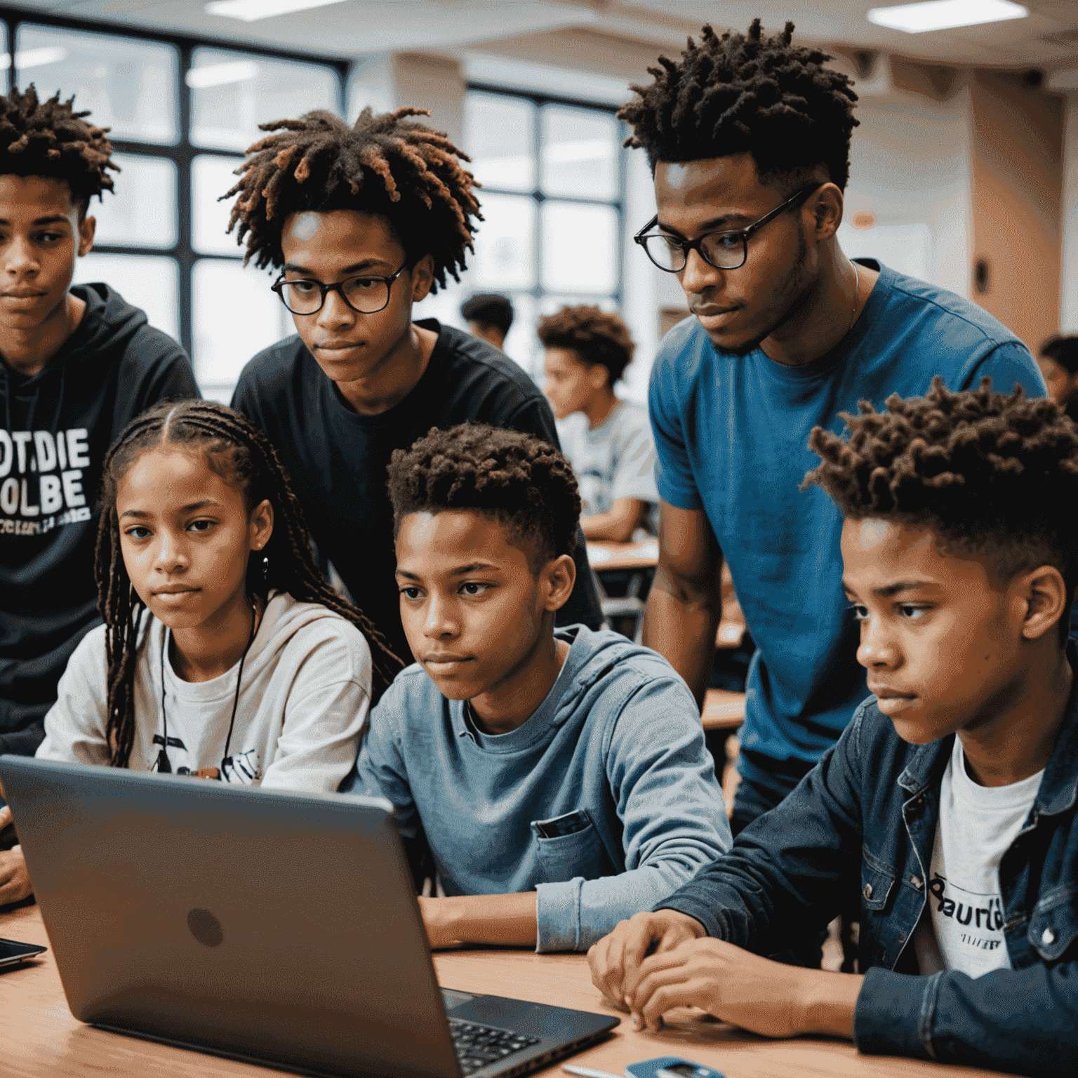 A diverse group of youth engaged in a coding workshop, learning digital skills to enhance their future opportunities