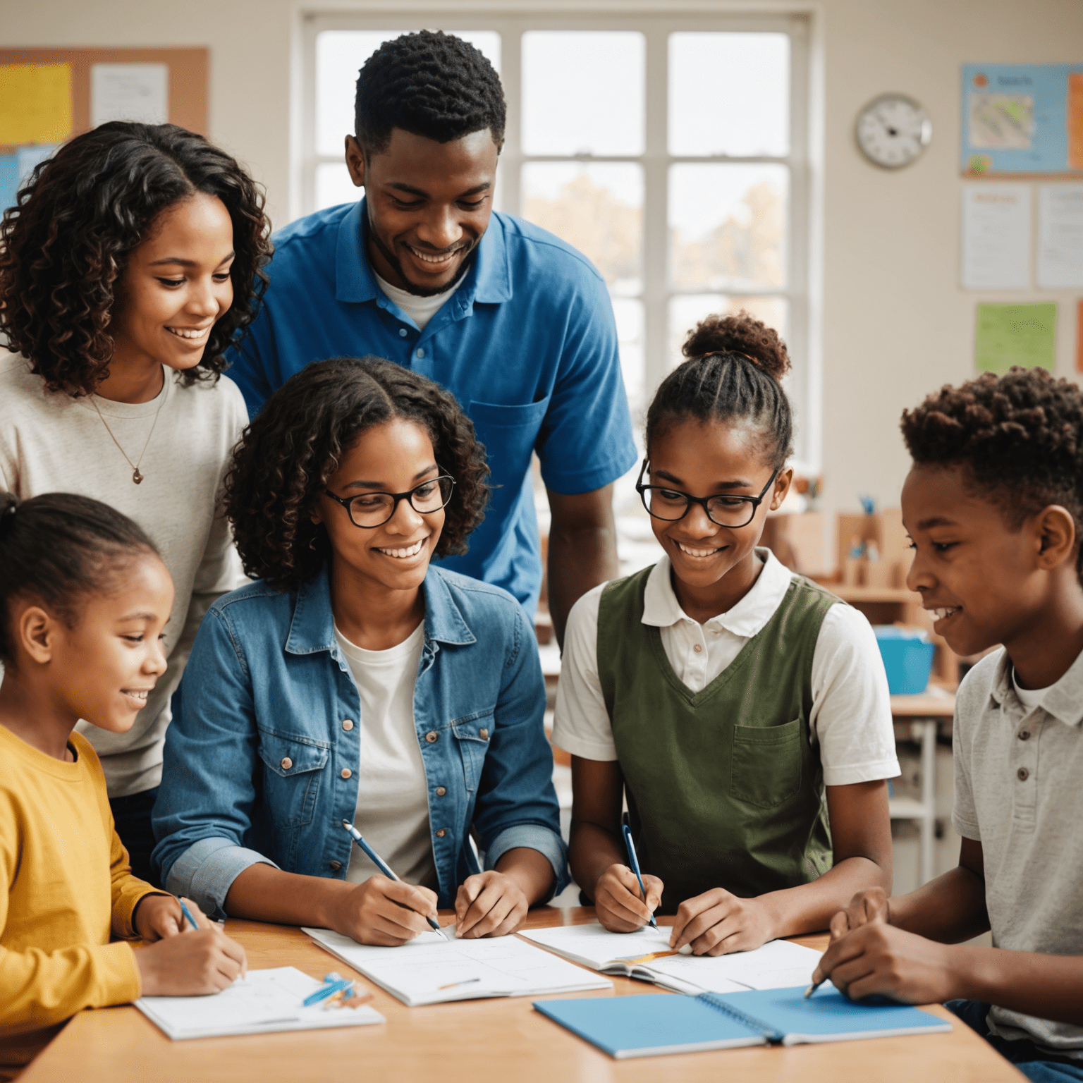 A diverse group of young adults mentoring children, engaged in various educational activities