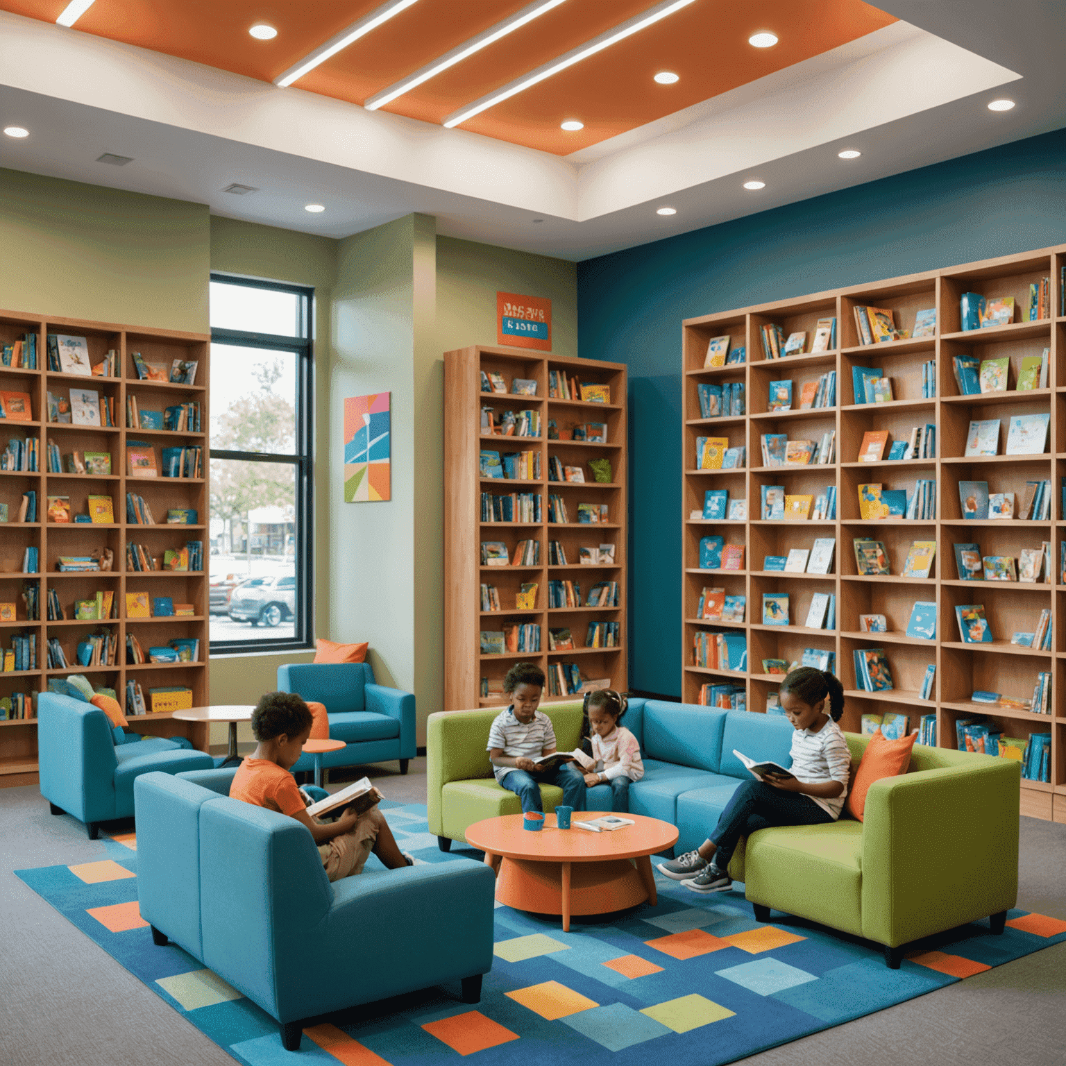 Children reading books in a newly renovated community library with colorful bookshelves and comfortable seating areas