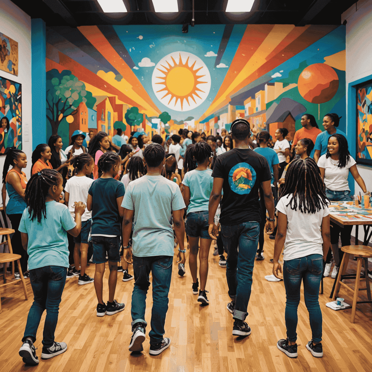 A vibrant community arts center with colorful murals on the walls, filled with people of all ages engaged in various artistic activities such as painting, music, and dance. The image captures the energy and diversity of the space.