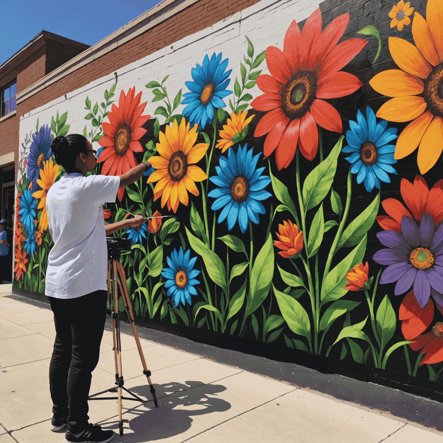 A community mural being painted by local artists and residents, showcasing vibrant colors and cultural diversity