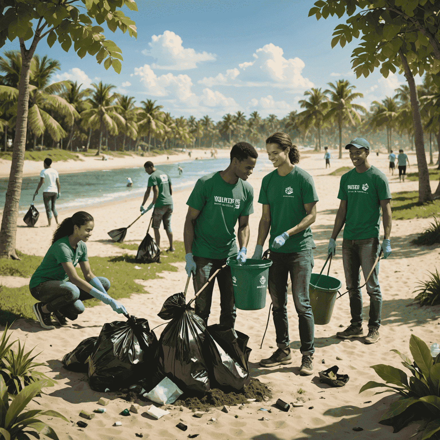 Volunteers cleaning up a local park or beach, collecting trash and planting trees