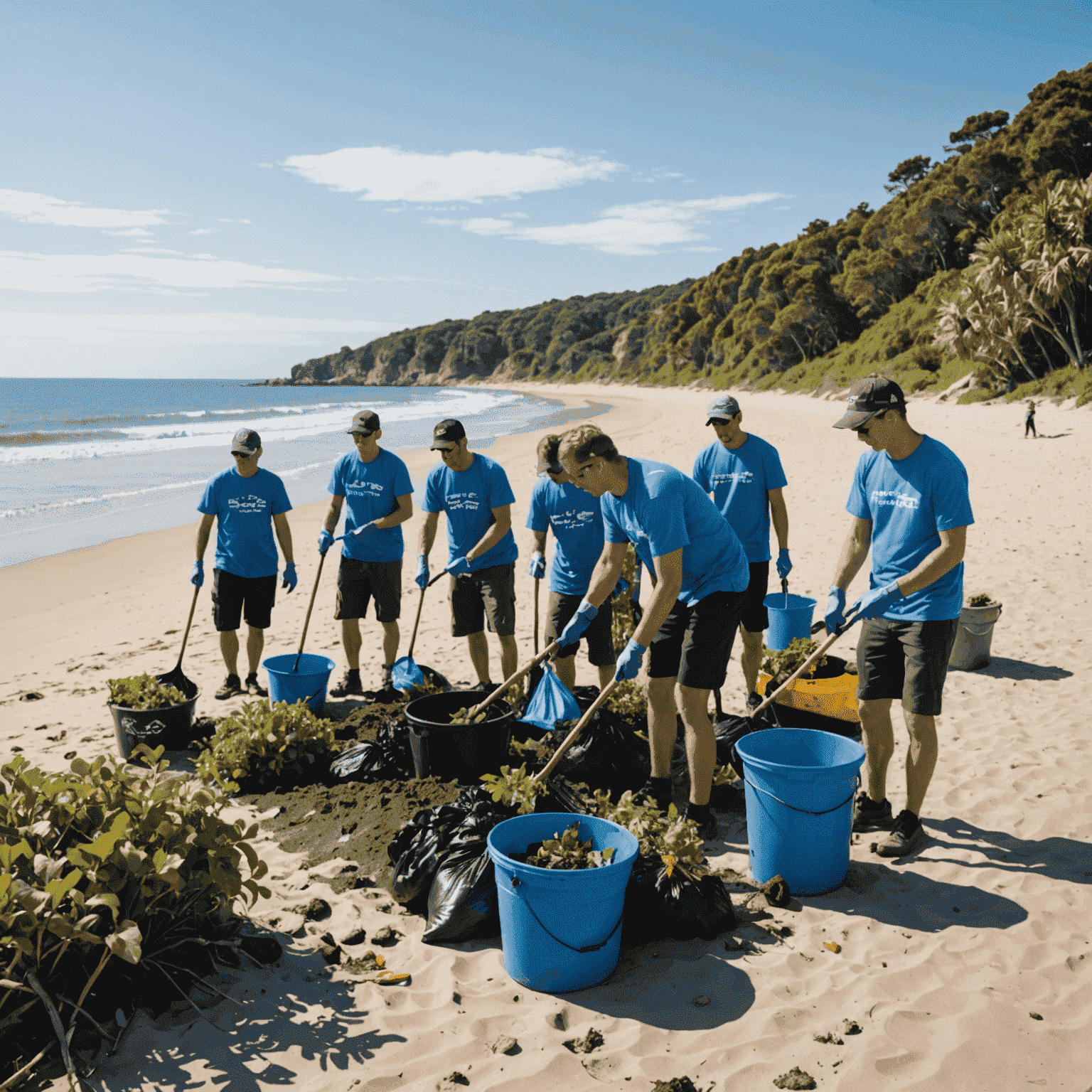 A group of volunteers cleaning up a local beach, collecting trash and planting native vegetation to restore the ecosystem