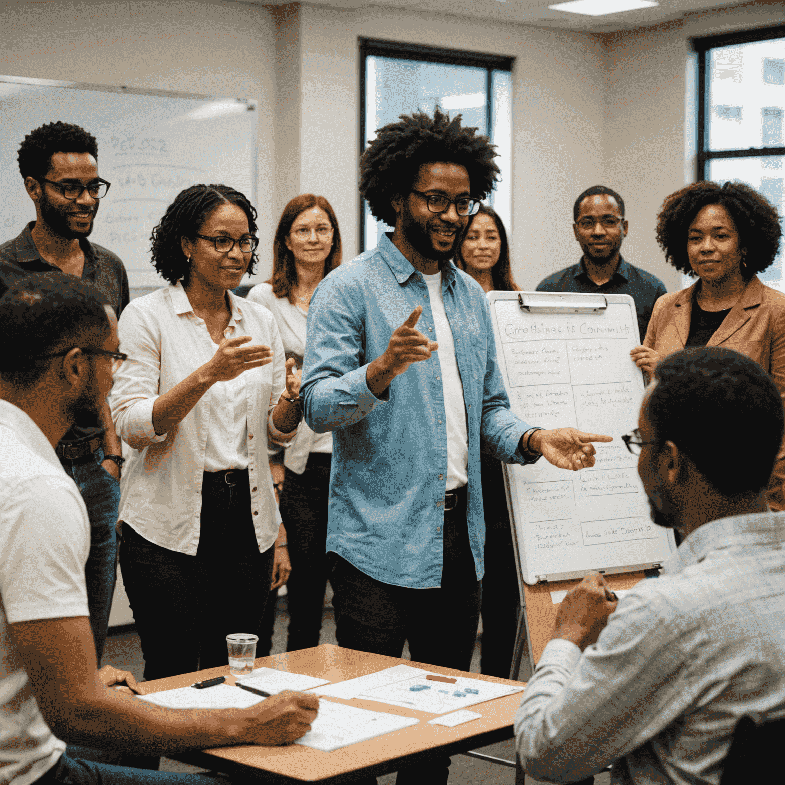 A diverse group of participants engaged in an interactive workshop, with a facilitator using a whiteboard to explain community development concepts