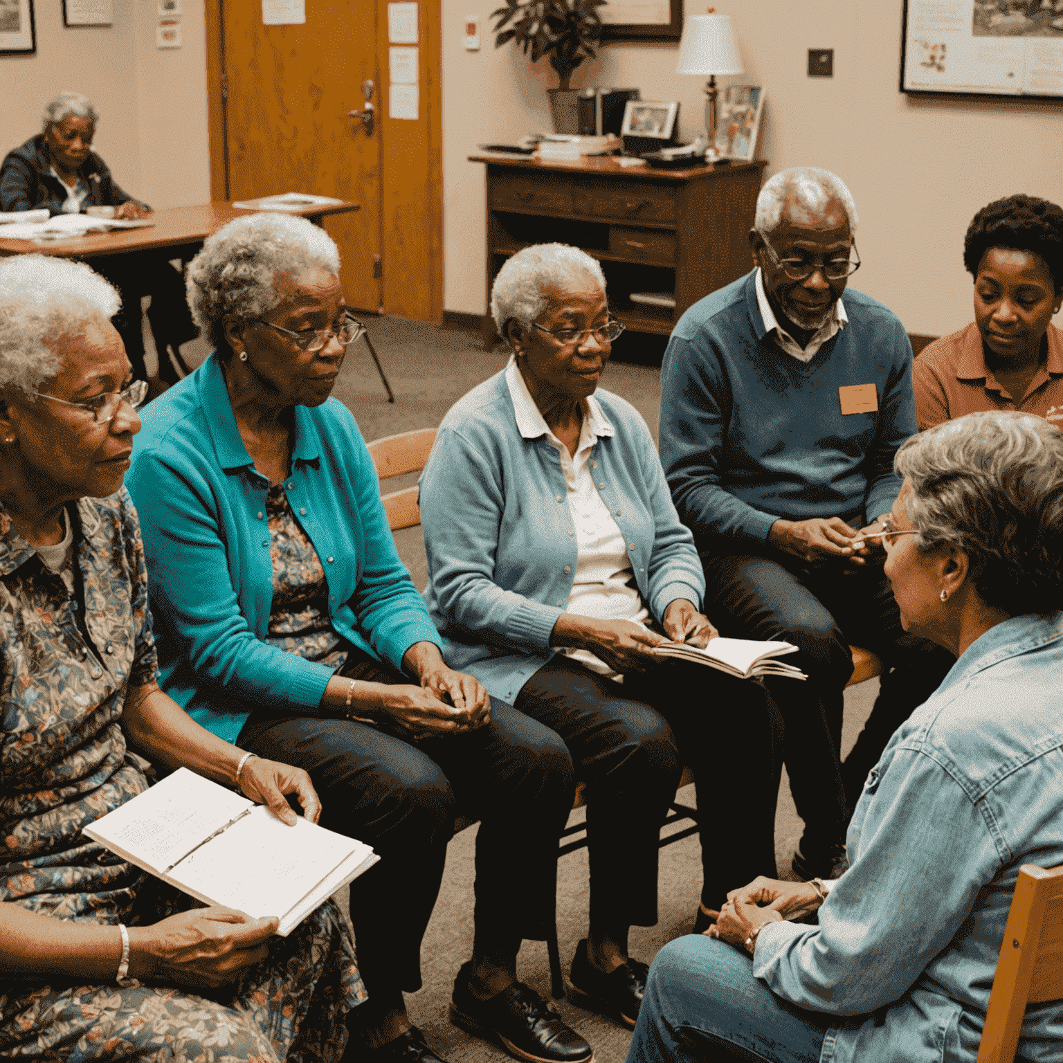 A group of seniors and young volunteers engaged in a intergenerational storytelling workshop, bridging generational gaps