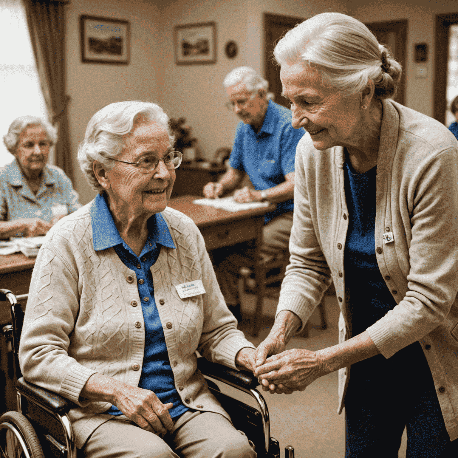 Volunteers assisting elderly community members with various tasks and providing companionship