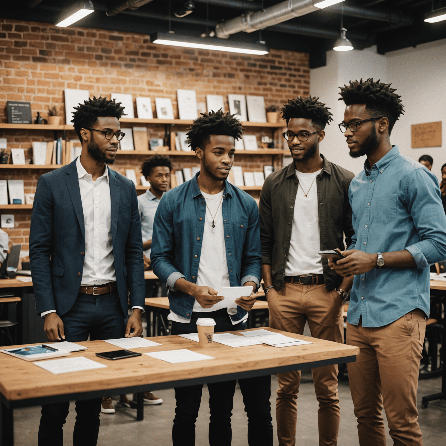 A diverse group of young entrepreneurs presenting their innovative ideas at a local business incubator funded by the community