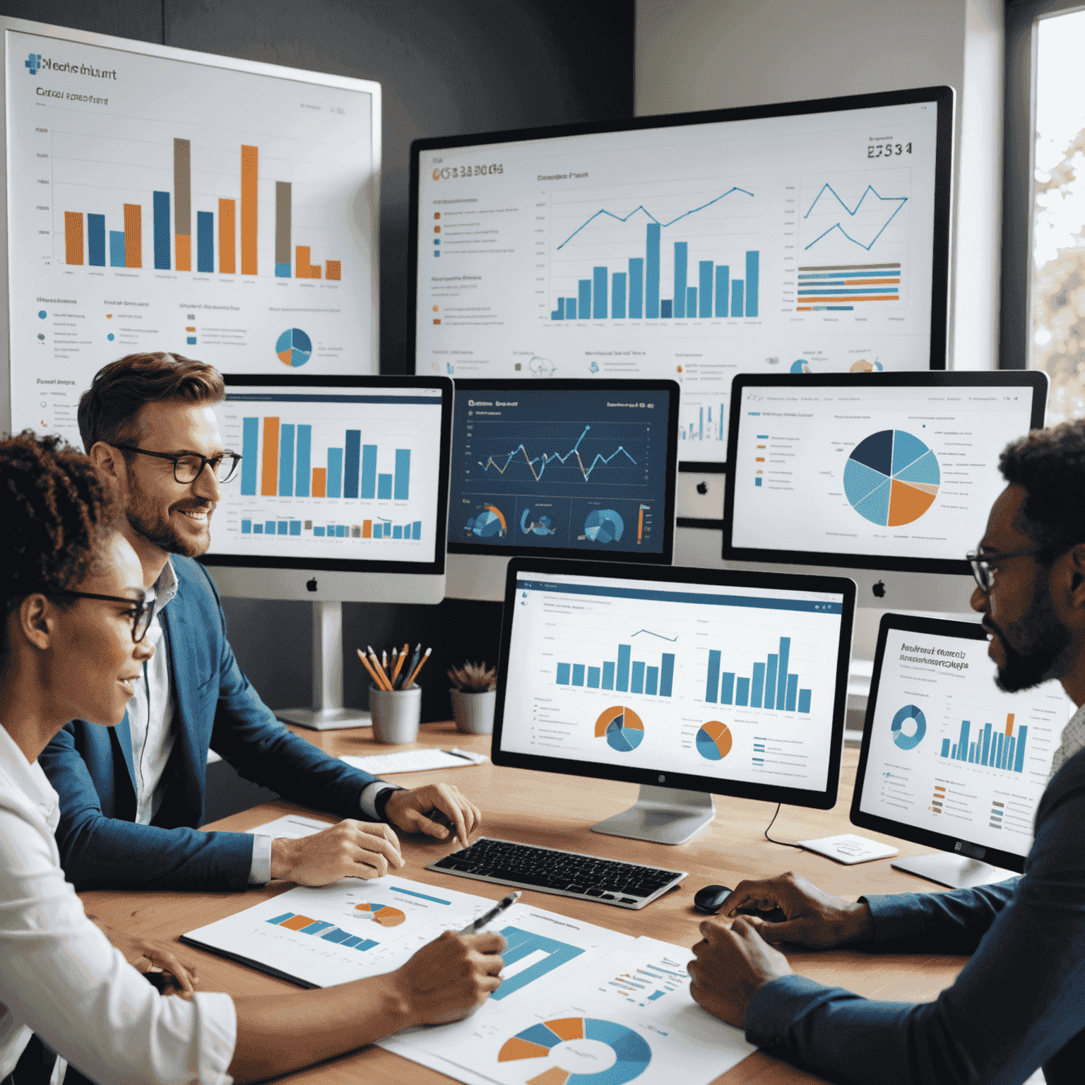 A professional team analyzing data and creating impact reports, with graphs and charts displayed on screens showing positive community outcomes